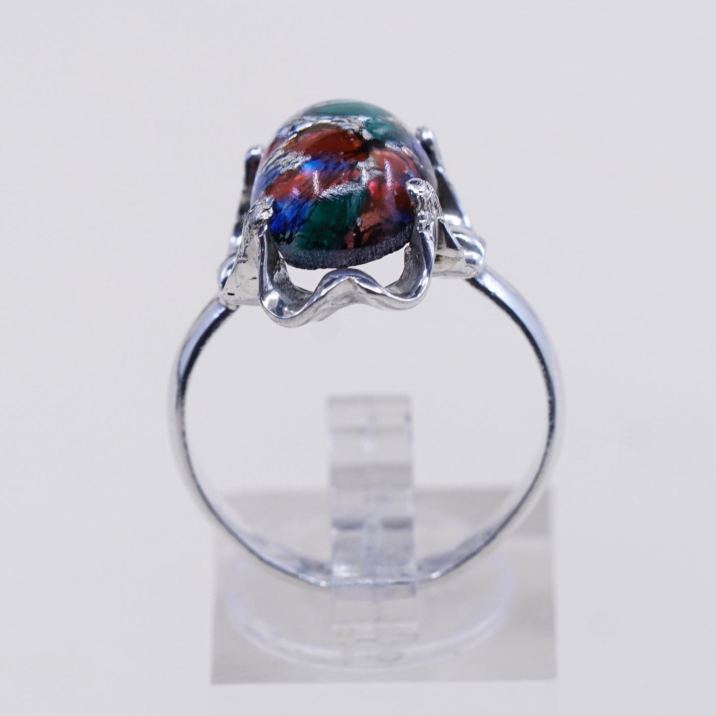 Size 9, vintage mexico sterling 925 silver handmade crown ring w/ foiled glass