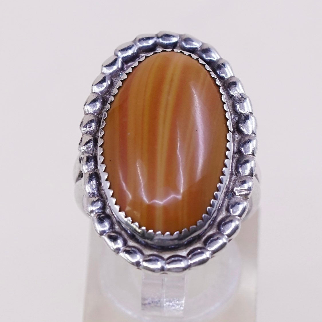 sz 7.25, vtg Southwestern sterling 925 handmade ring w/ orange agate and beads