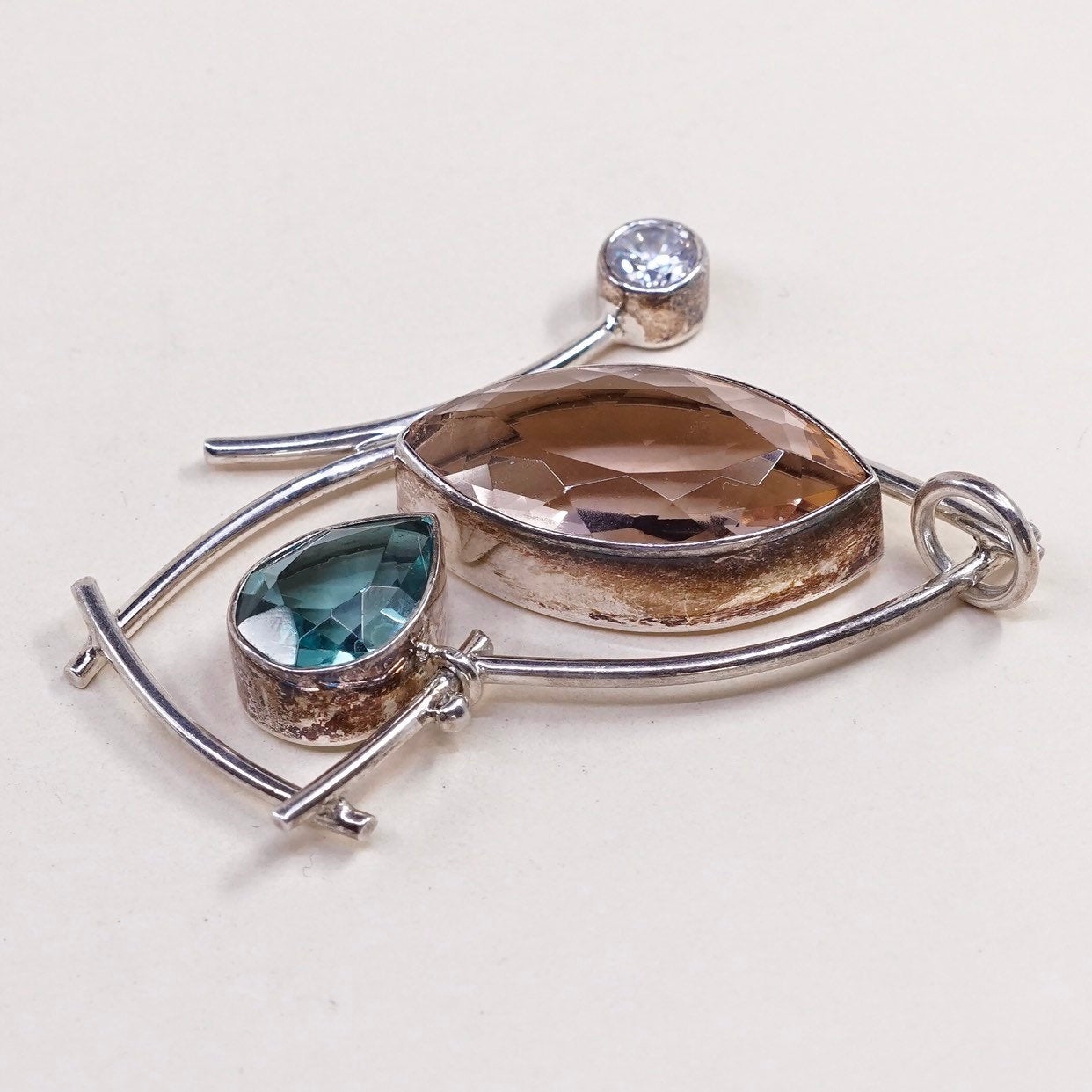 VTG modern sterling silver handmade pendant, 925 Mexico orange green topaz N cz
