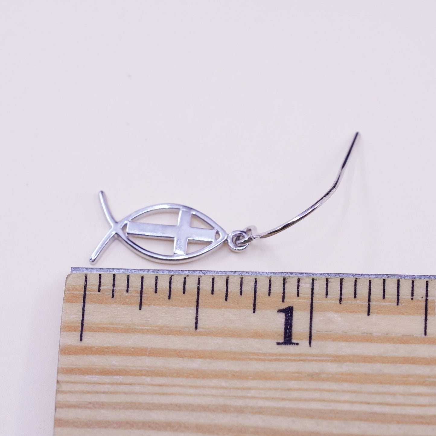 Vintage sterling silver handmade modern earrings, 925 fish with cross