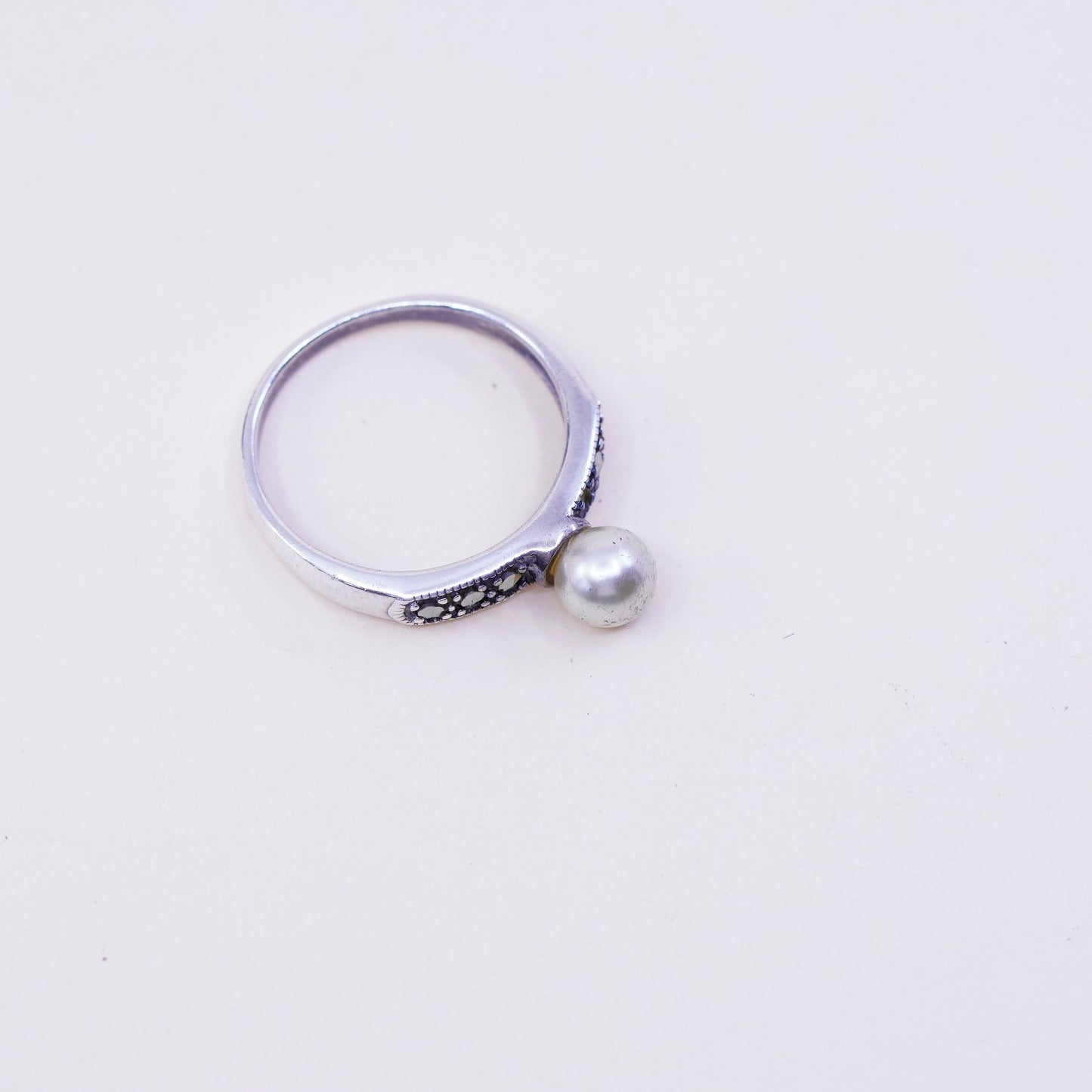Size 8, vintage sterling 925 silver handmade stackable ring pearl marcasite