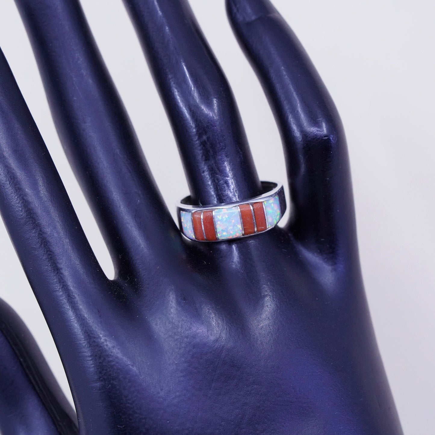 sz 9.25, vtg zuni Sterling silver handmade ring, 925 band w/ fire opal N coral