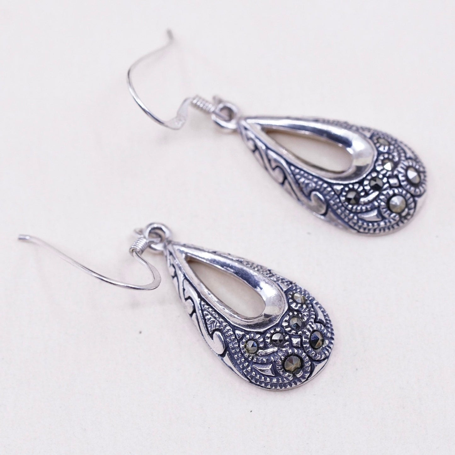 Vintage Sterling silver handmade earrings, 925 teardrop with marcasite