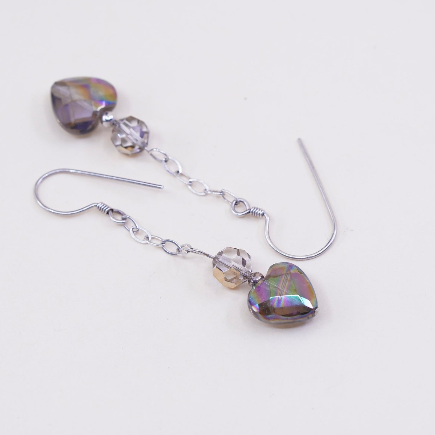 Vintage sterling 925 silver handmade earrings with heart crystal drops