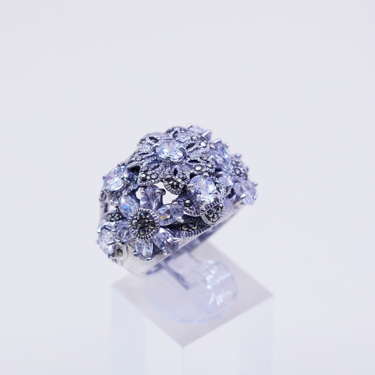 sz 7.75, Vintage sterling 925 silver statement ring w/ crystal Marcasite flower