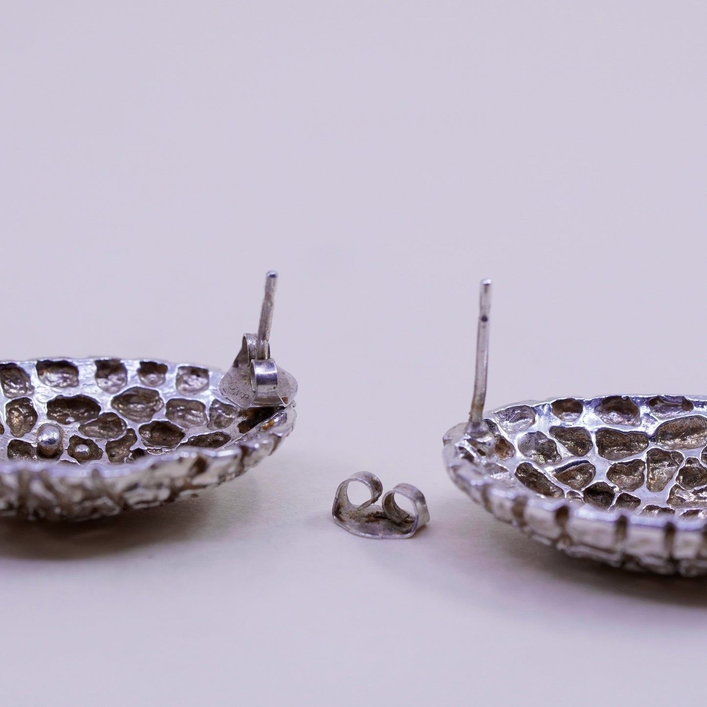 Vintage sterling silver handmade huggie studs, textured 925 earrings