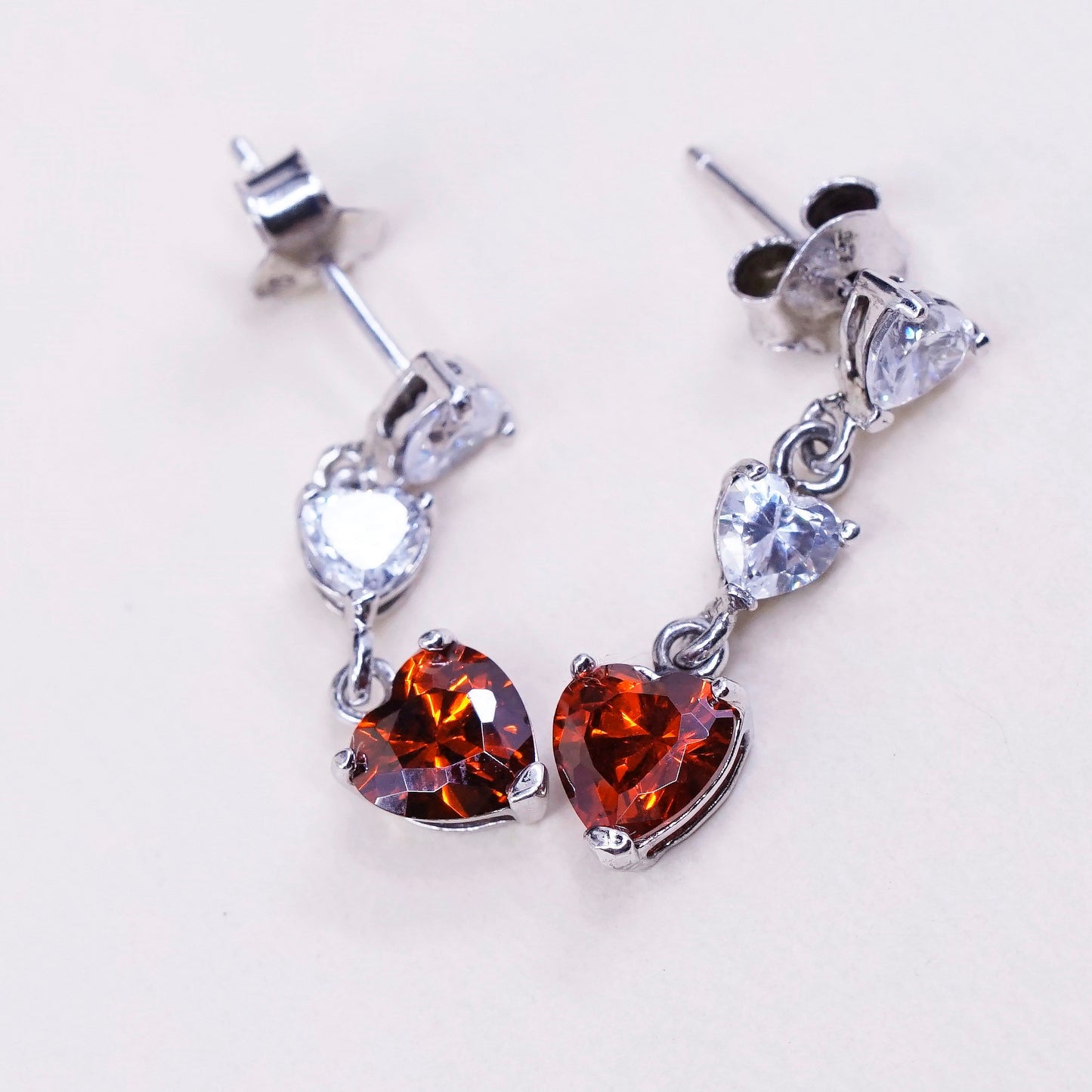 Vintage sterling silver handmade earrings, 925 with heart ruby and Cz