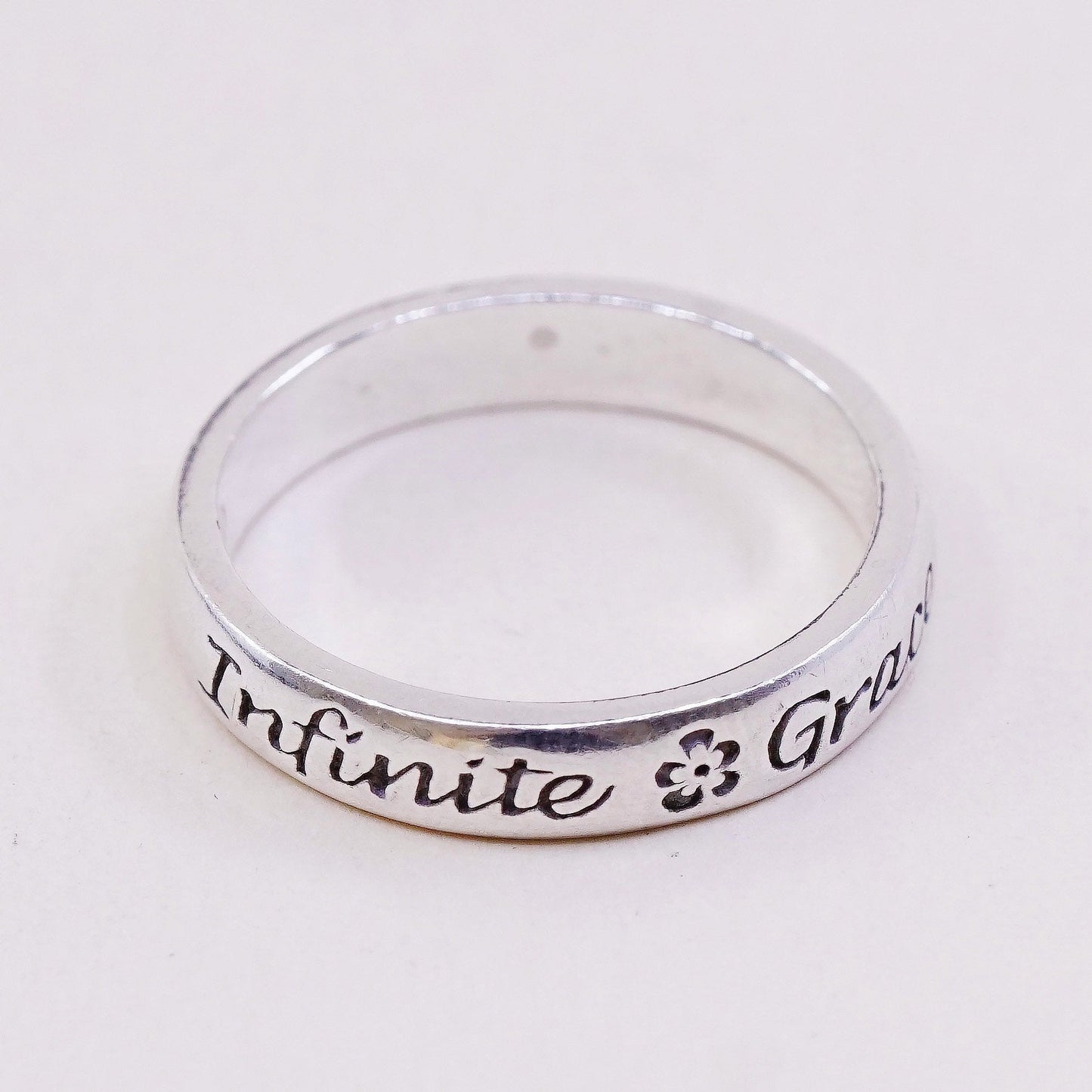 sz 8.25, vtg sterling silver handmade ring, 925 band, engraved “Infinite grace”