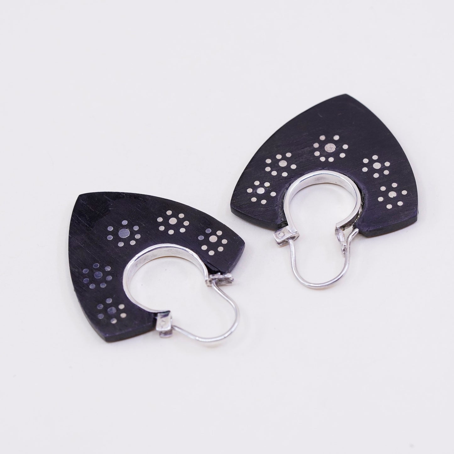 Vintage sterling 925 silver handmade earrings with black wood and flower dots