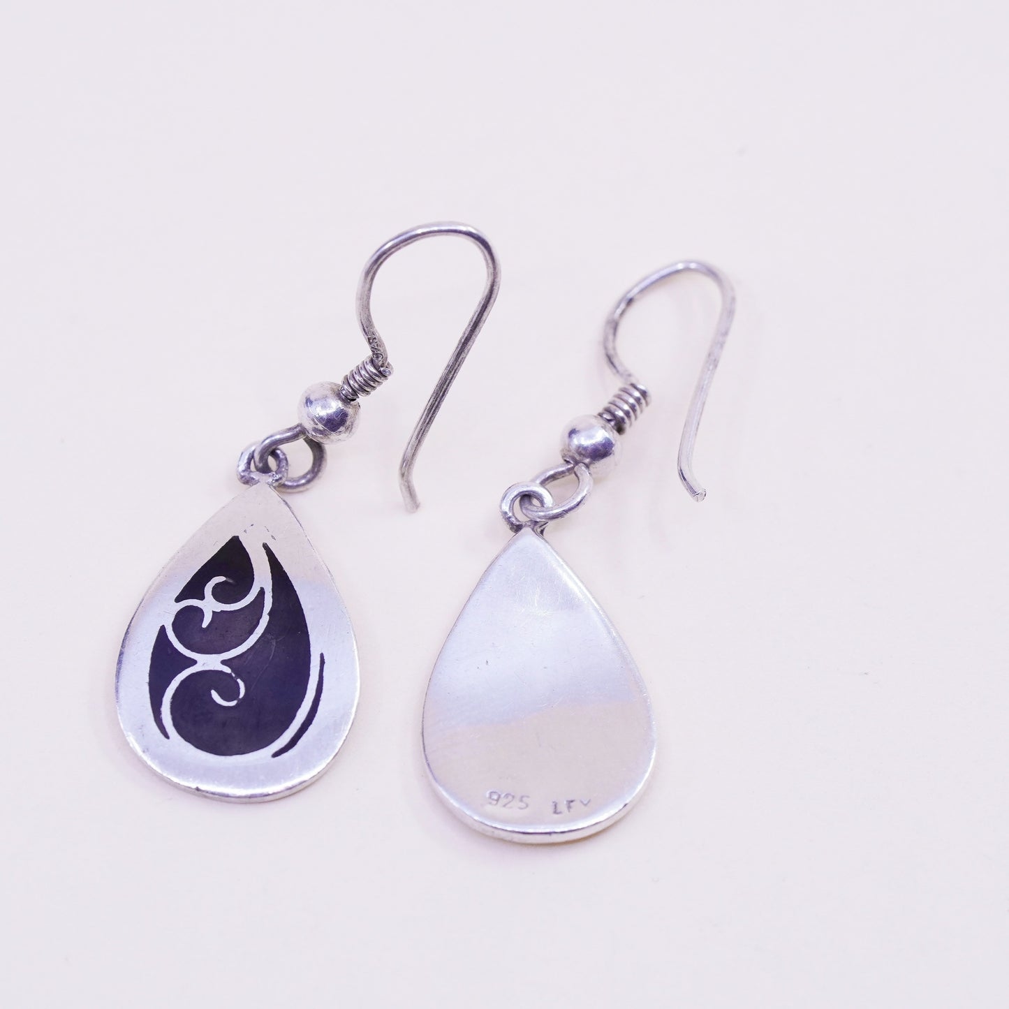 Vintage Sterling silver handmade earrings, 925 teardrop drops with enamel