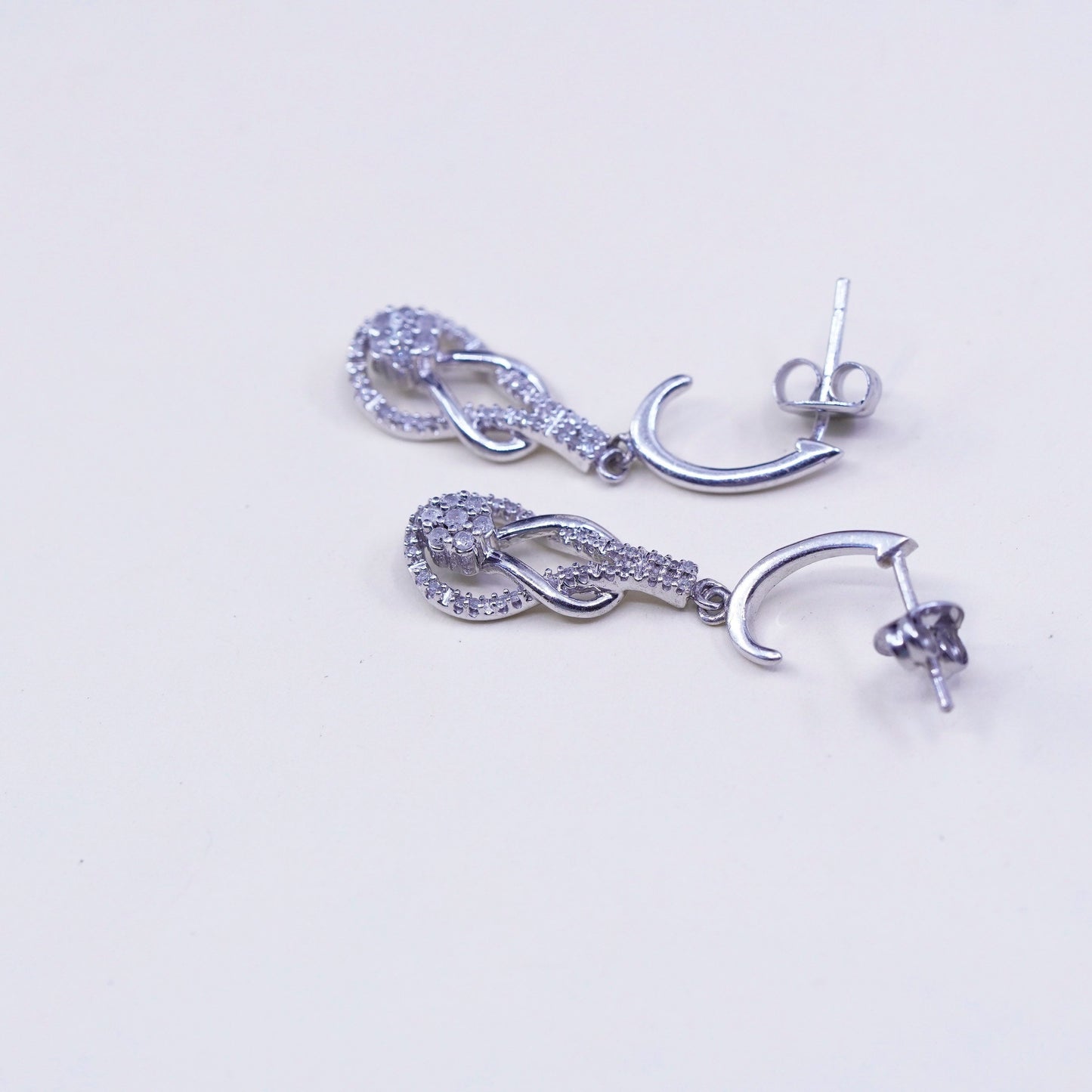 Vintage sterling 925 silver entwined teardrop earrings with genuine diamond