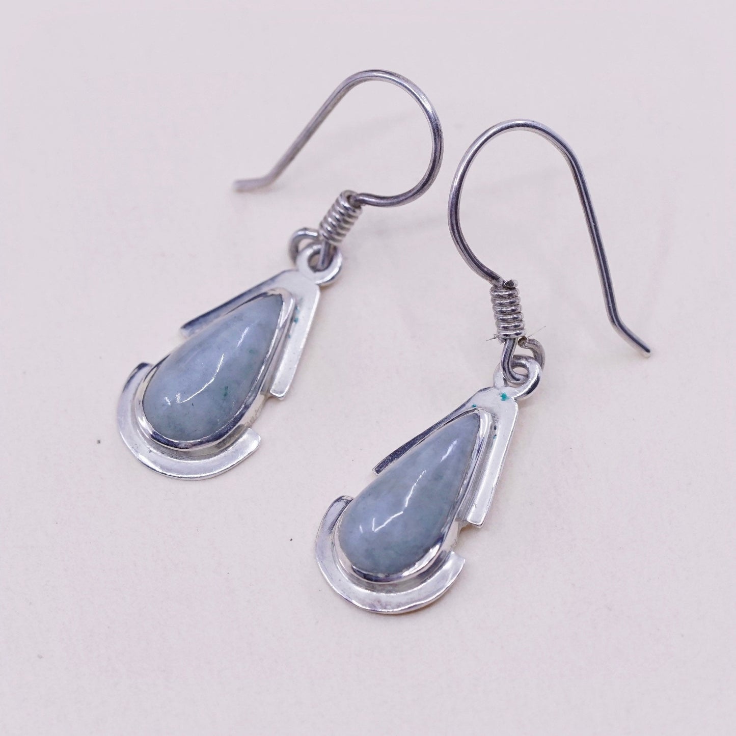 Vintage sterling 925 silver handmade earrings with teardrop jade