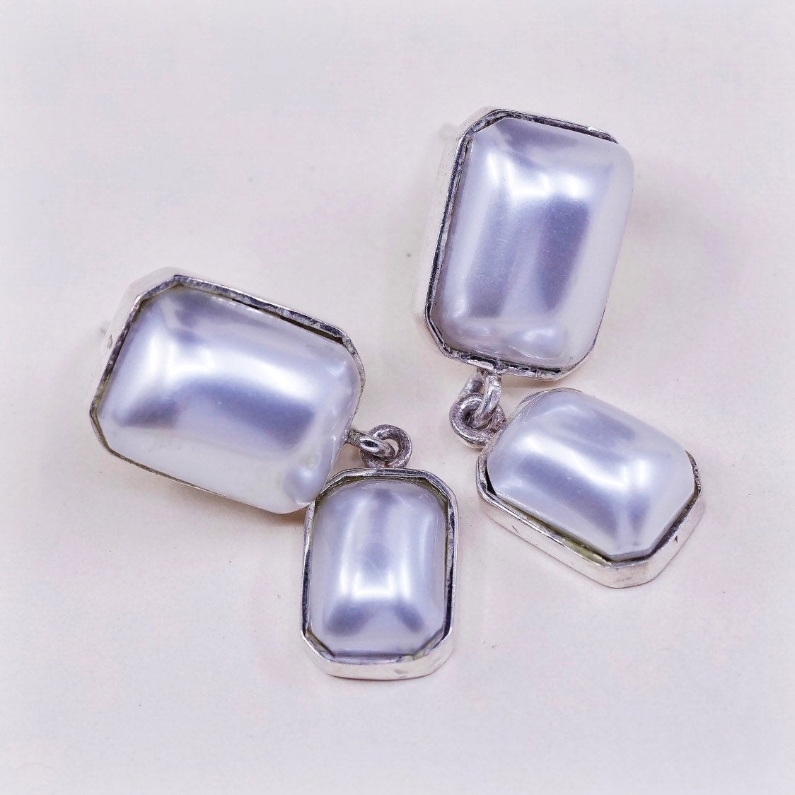 vtg JM Sterling silver handmade earrings, 925 w/ faux pearl drop
