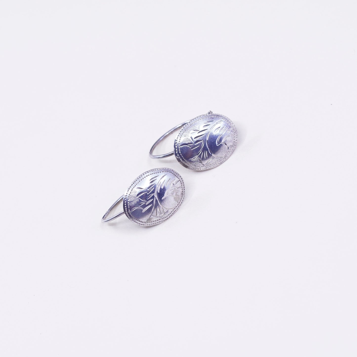 Vintage sterling silver drop earrings, 925 textured oval, silver tested