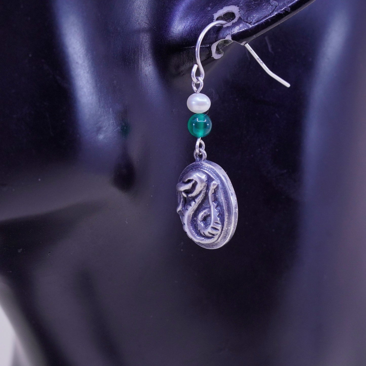 Vintage sterling silver handmade earrings, 925 snake drops with pearl