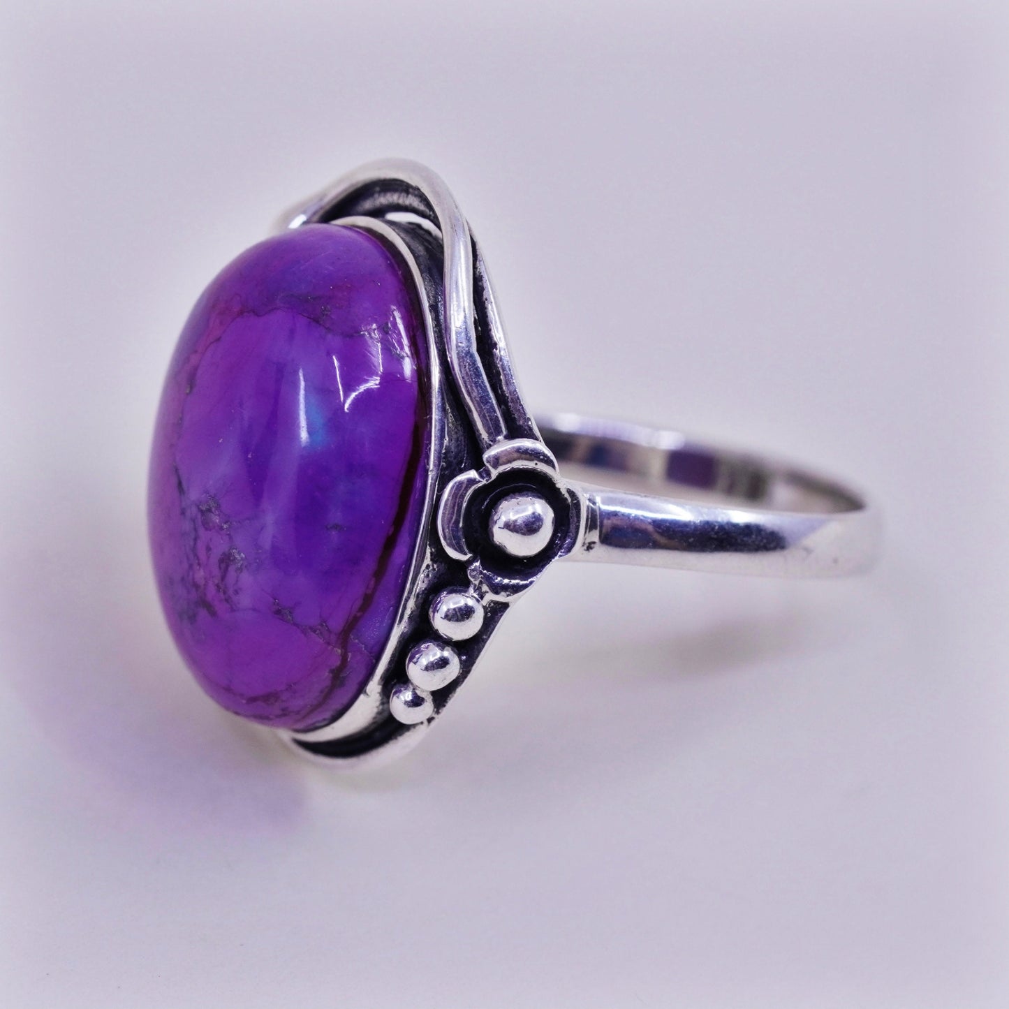 Size 8, BBJ sterling silver handmade 925 ring with oval purple turquoise beads