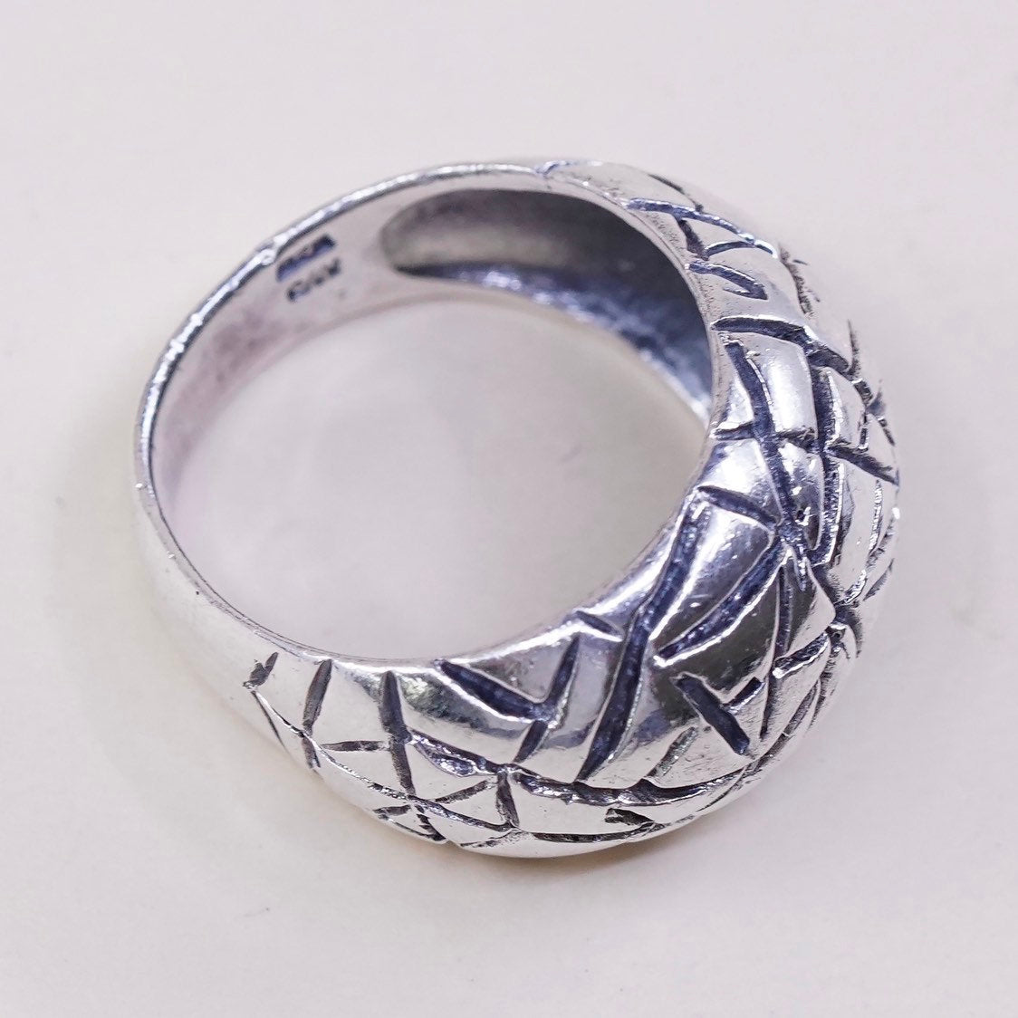 sz 4.75, vtg sterling silver handmade ring, 925 band w/ spiderwebbed textured