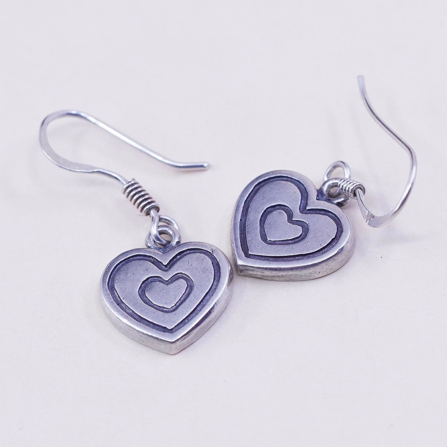 Vintage sterling silver handmade earrings, 925 heart dangles, stamped 925 NF