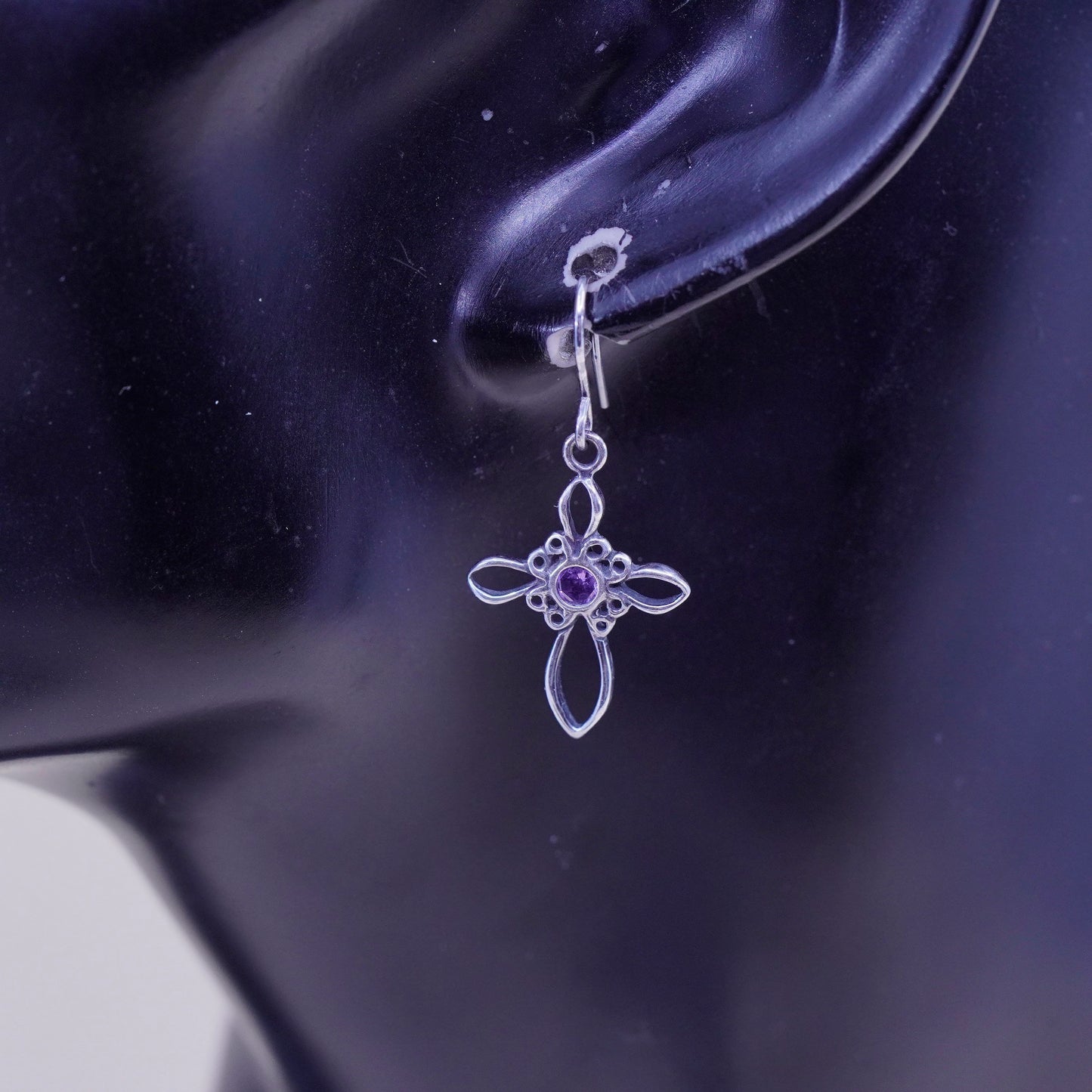 Vintage Sterling 925 silver earrings, filigree cross with amethyst