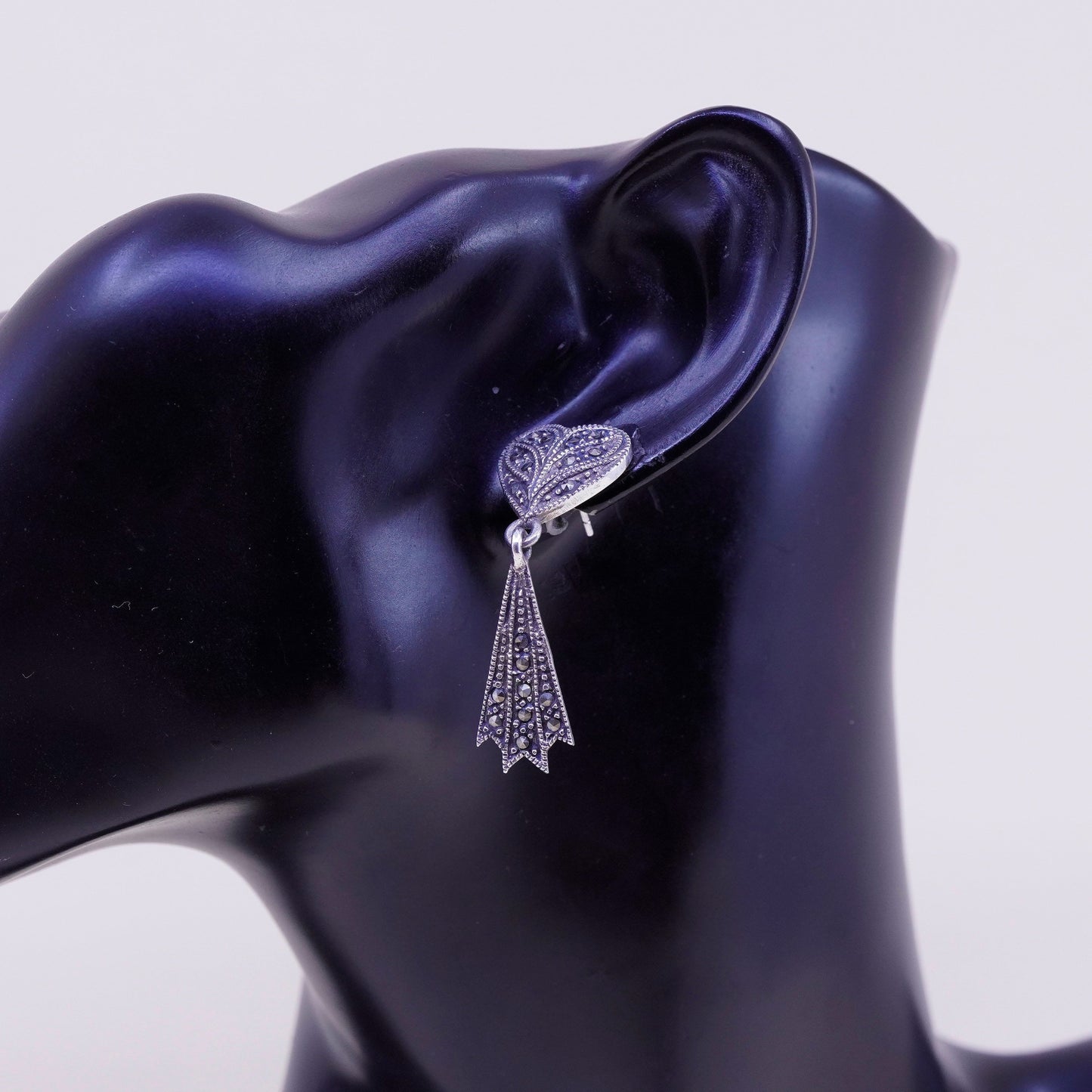 Vintage Sterling 925 silver handmade heart earrings with Marcasite