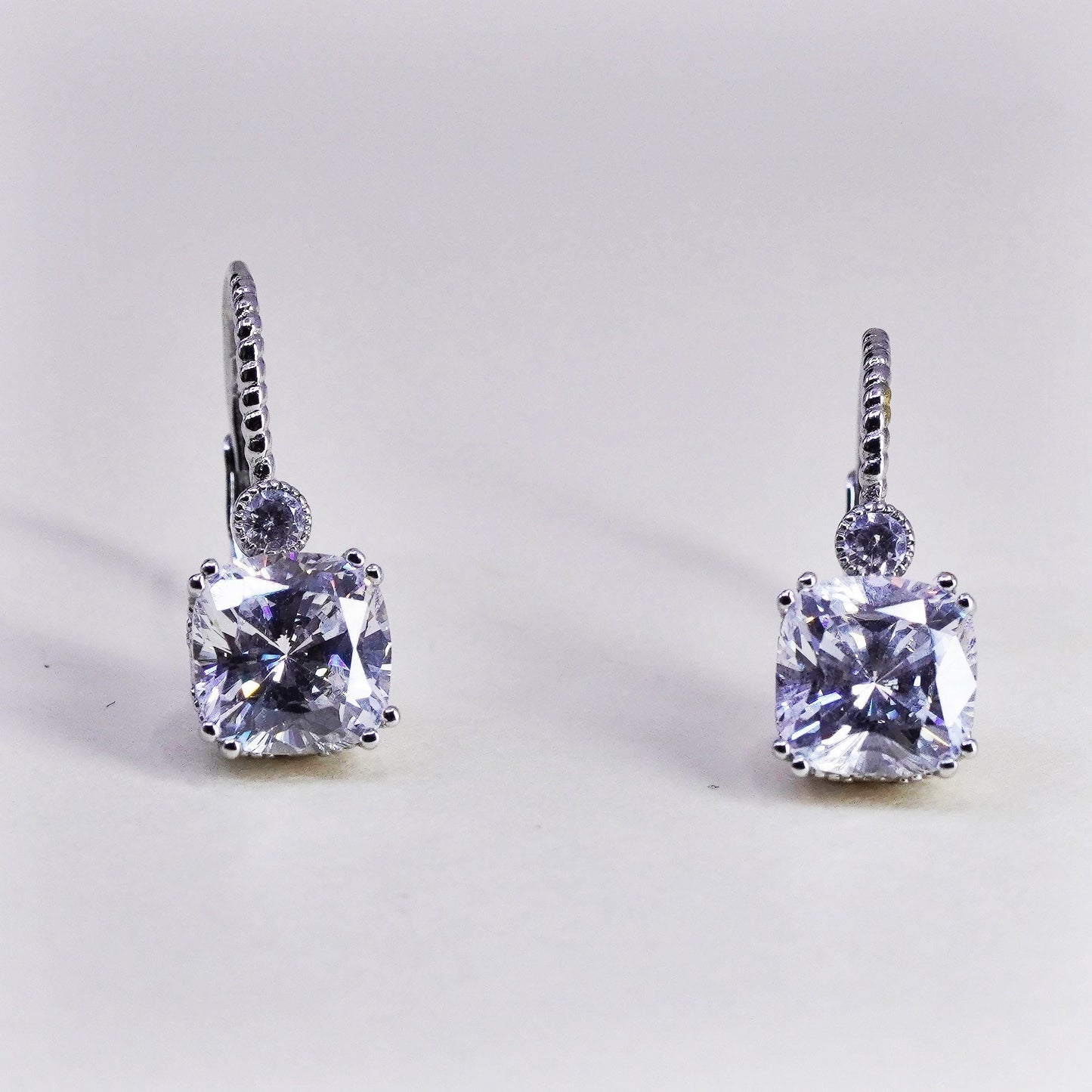 Vintage Sterling 925 silver handmade earrings, square Cz dangles