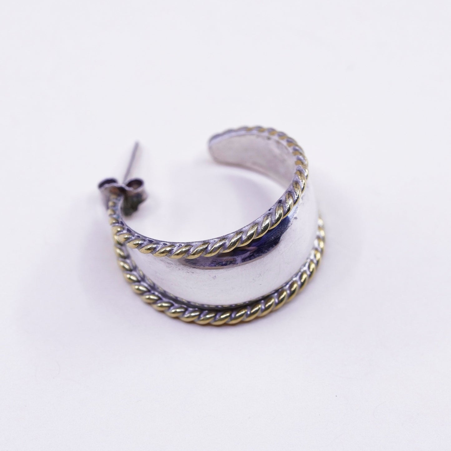 1”, two tone Sterling silver handmade earrings, 925 Huggie hoops brass cable