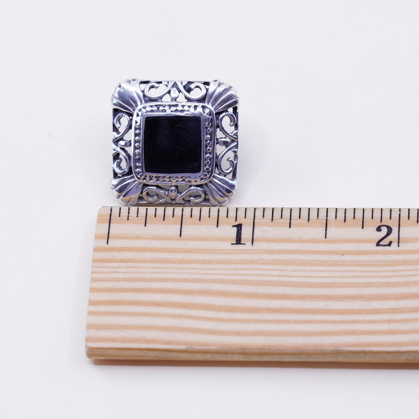 Vintage Sterling silver handmade earrings, filigree 925 studs with square onyx