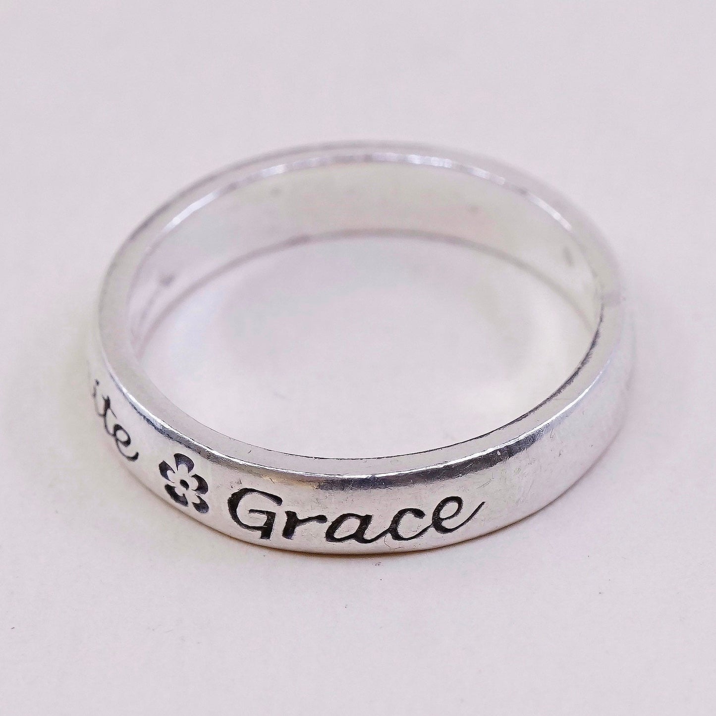 sz 8.25, vtg sterling silver handmade ring, 925 band, engraved “Infinite grace”