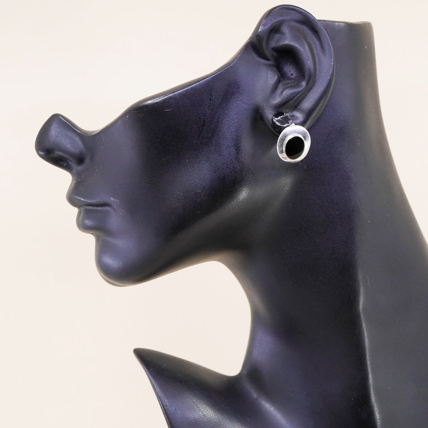 Vintage Sterling silver handmade earrings, Mexico 925 oval studs with onyx