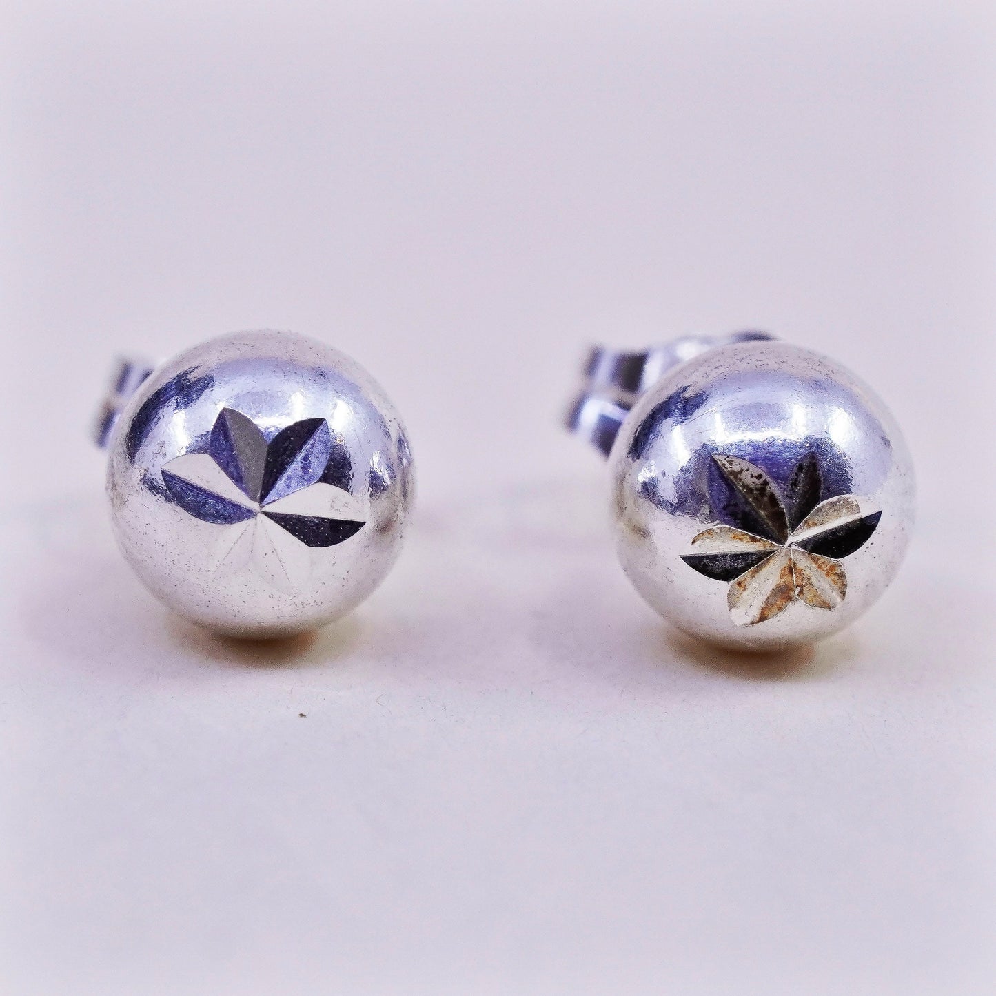 5mm, Vintage sterling silver sphere studs, handmade 925 earrings with star