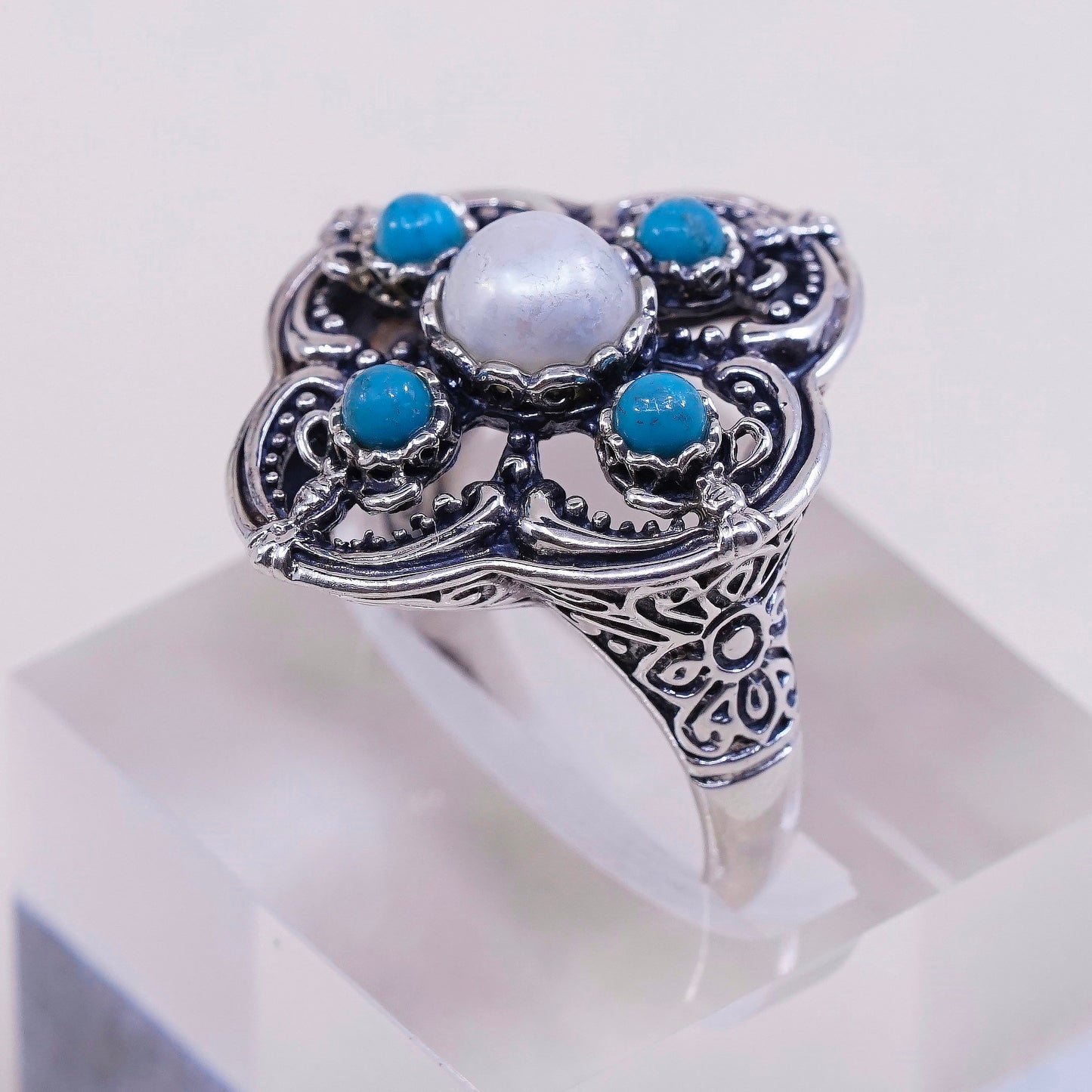 sz 9.5, vintage GSJ Sterling silver handmade ring, 925 w/ turquoise N pearl