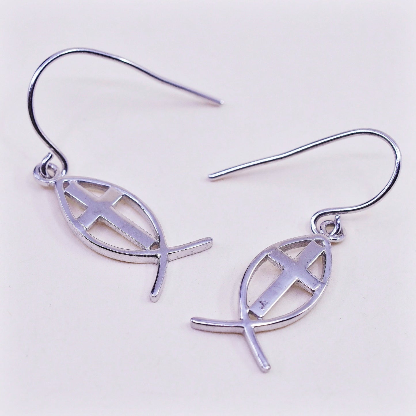 Vintage sterling silver handmade modern earrings, 925 fish with cross