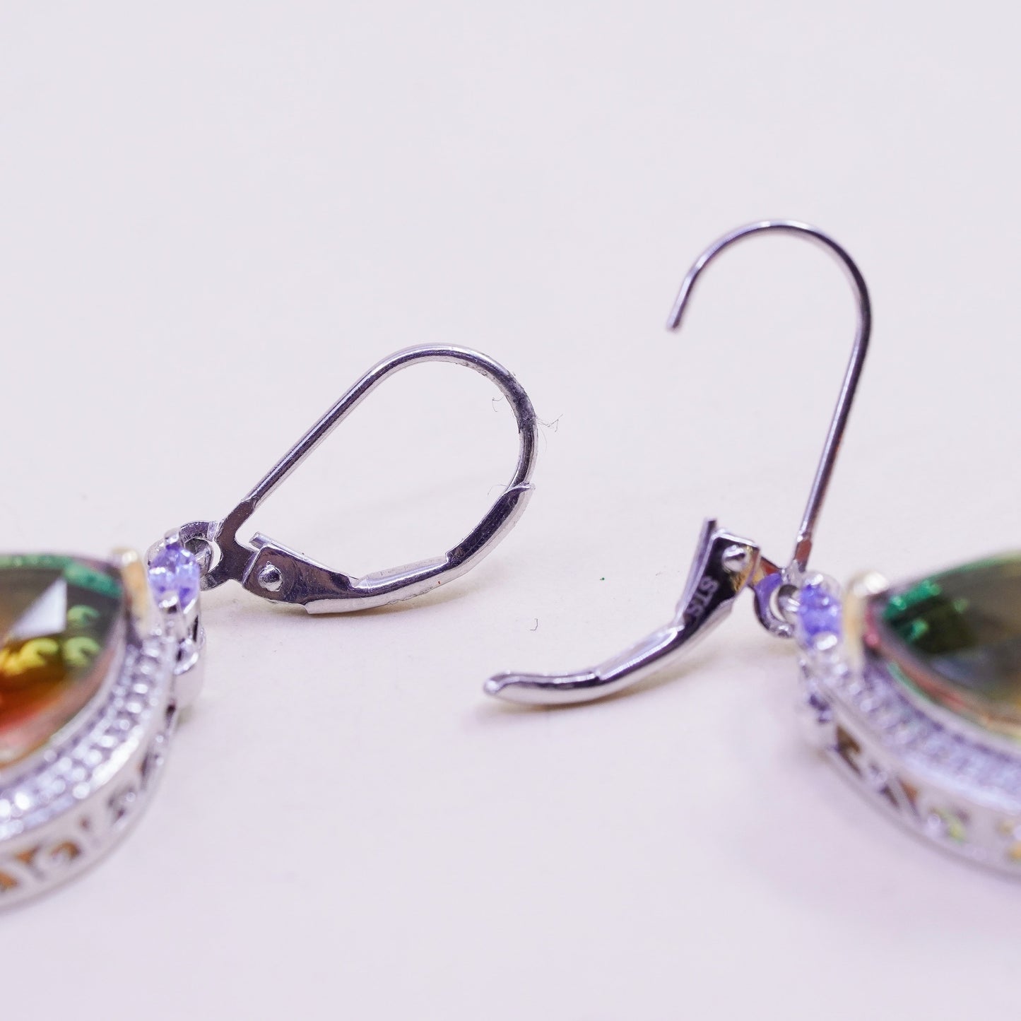 Vintage Sterling 925 silver handmade earrings with teardrop rainbow crystal