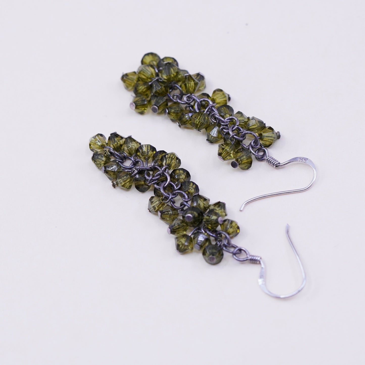 Vintage sterling 925 silver handmade earrings with cluster olive green crystal, stamped 925