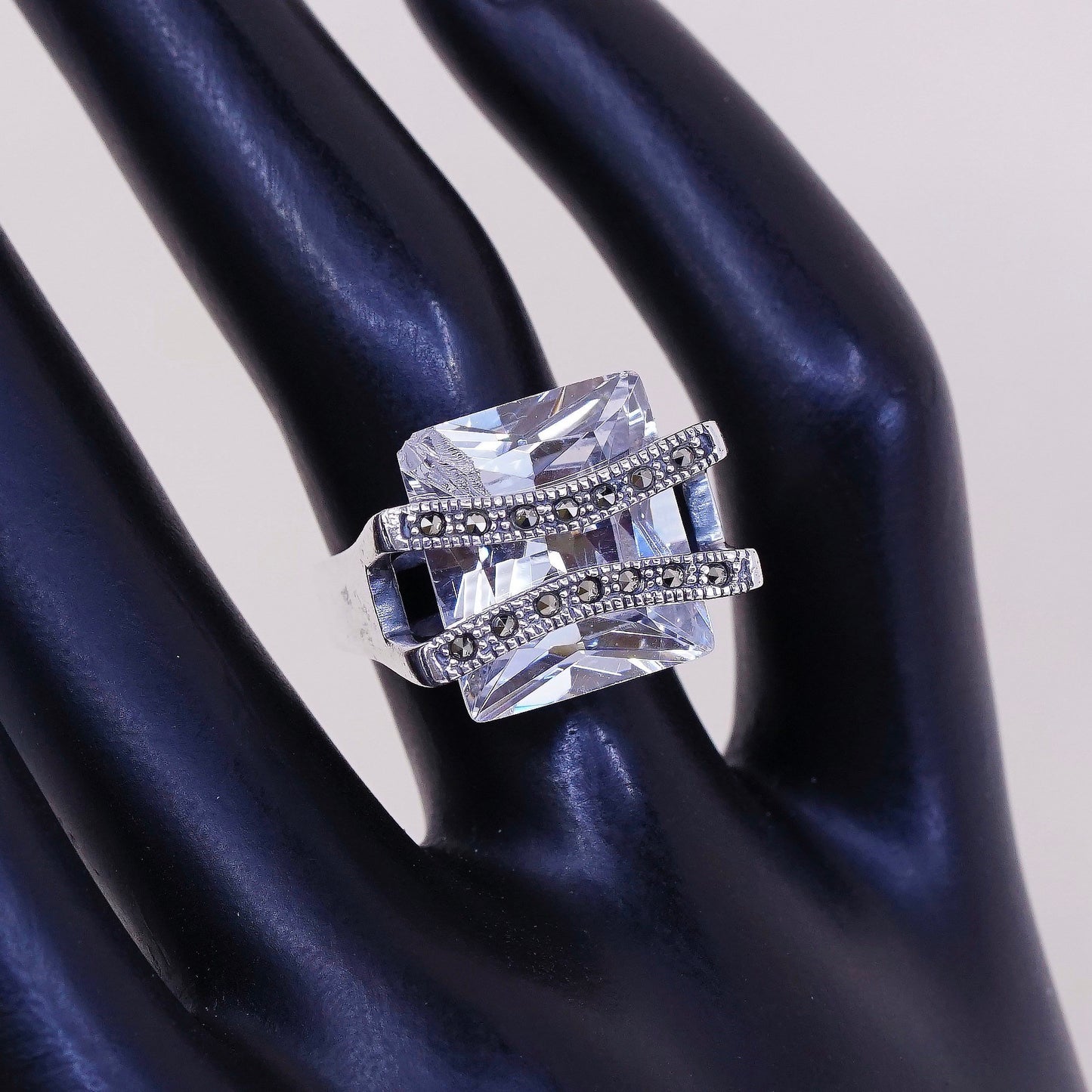 sz 4.75, vtg Sterling silver handmade cocktail ring w/ CZ and marcasite