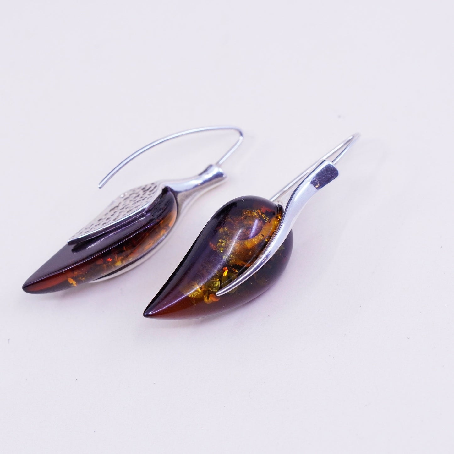 Vintage sterling 925 silver handmade Amber earrings, leaf with honey Amber