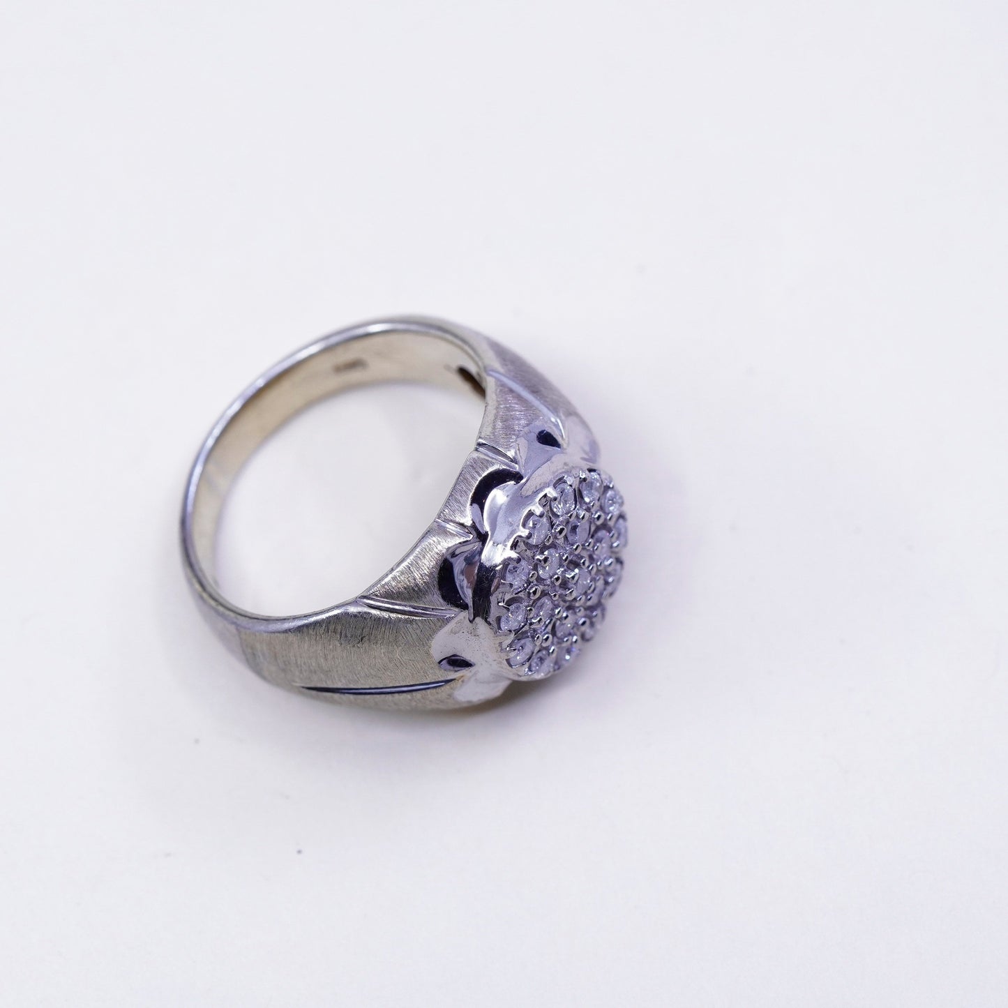 sz 10, vtg textured Sterling 925 silver statement ring w/ cluster real diamond