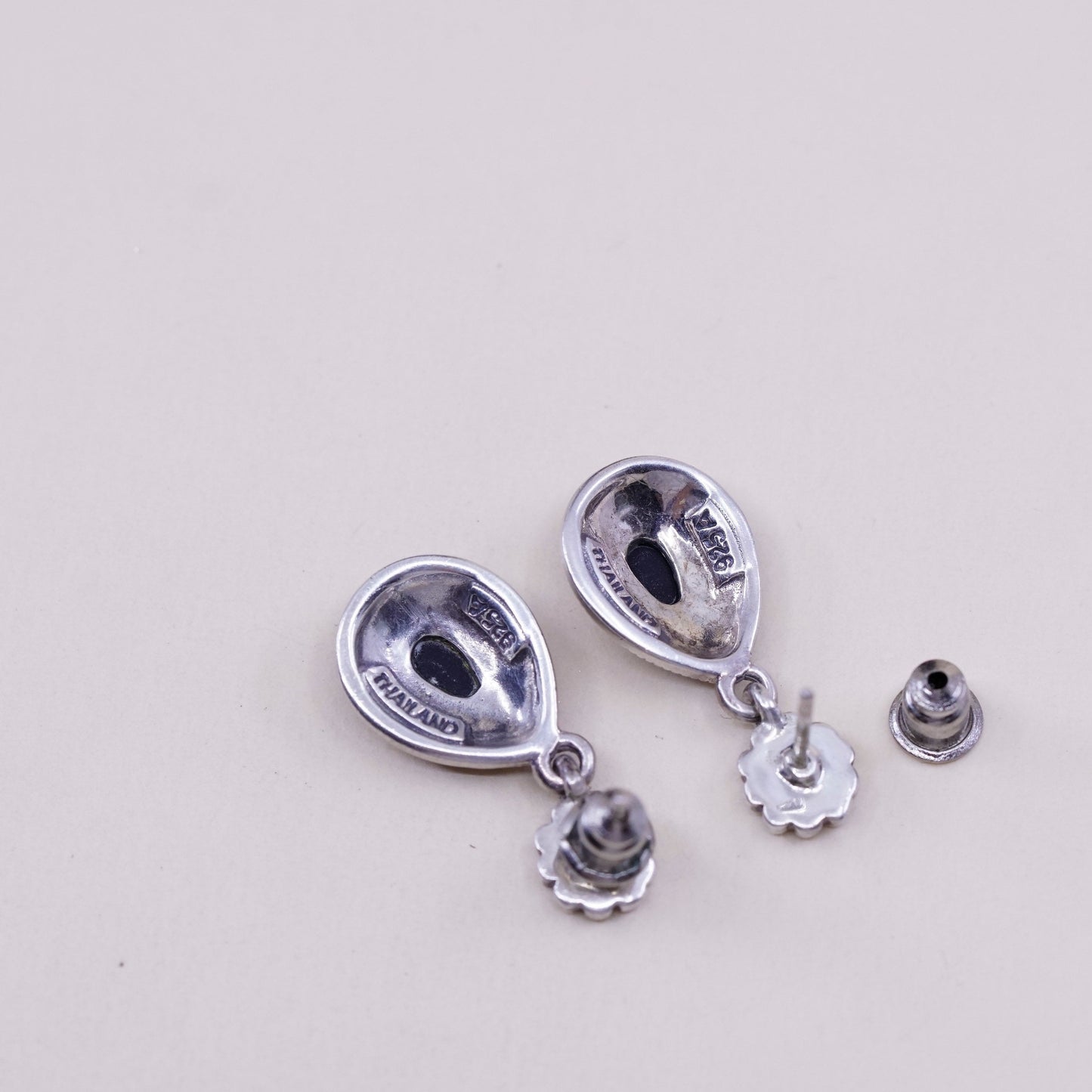 Vintage Sterling silver handmade earrings, 925 drops w/ obsidian and marcasite