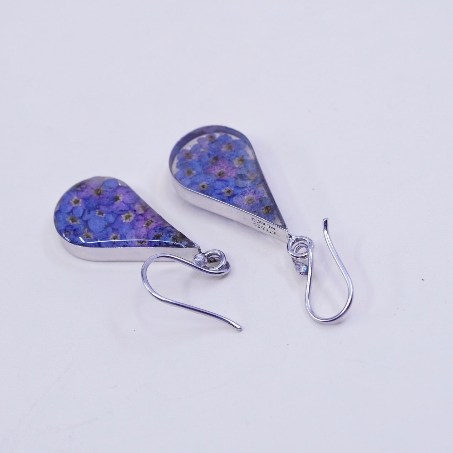 vtg Mexico sterling silver handmade earrings, 925 teardrop purple flower resin