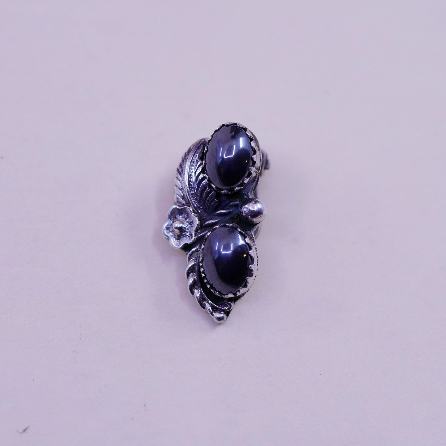 Vintage 925 Sterling silver handmade clip on leafy earrings with hematite