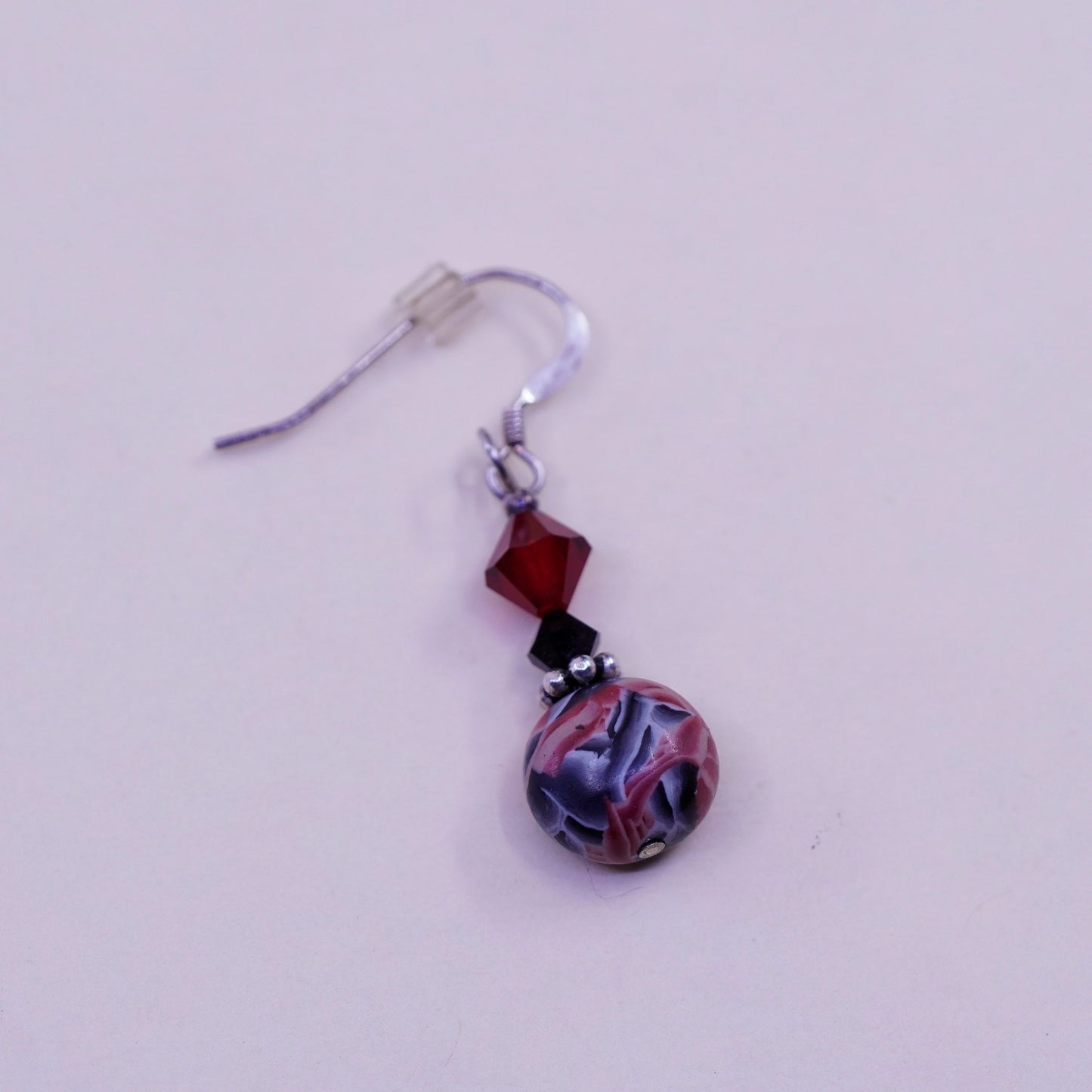 Vintage sterling silver handmade earrings with red crystal beads and resin