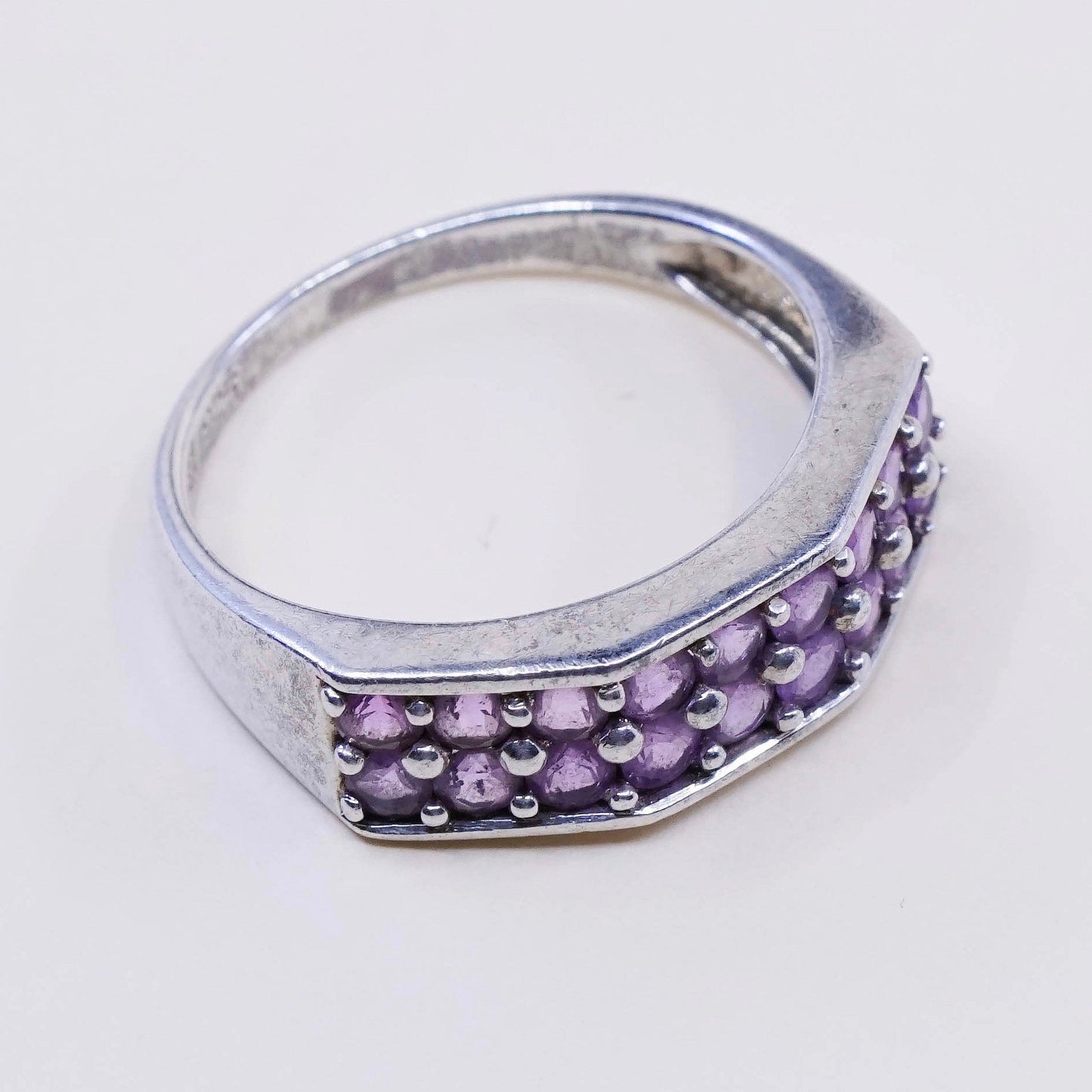 Size 8, vtg Sterling silver handmade cocktail ring, 925 w/ cluster amethyst