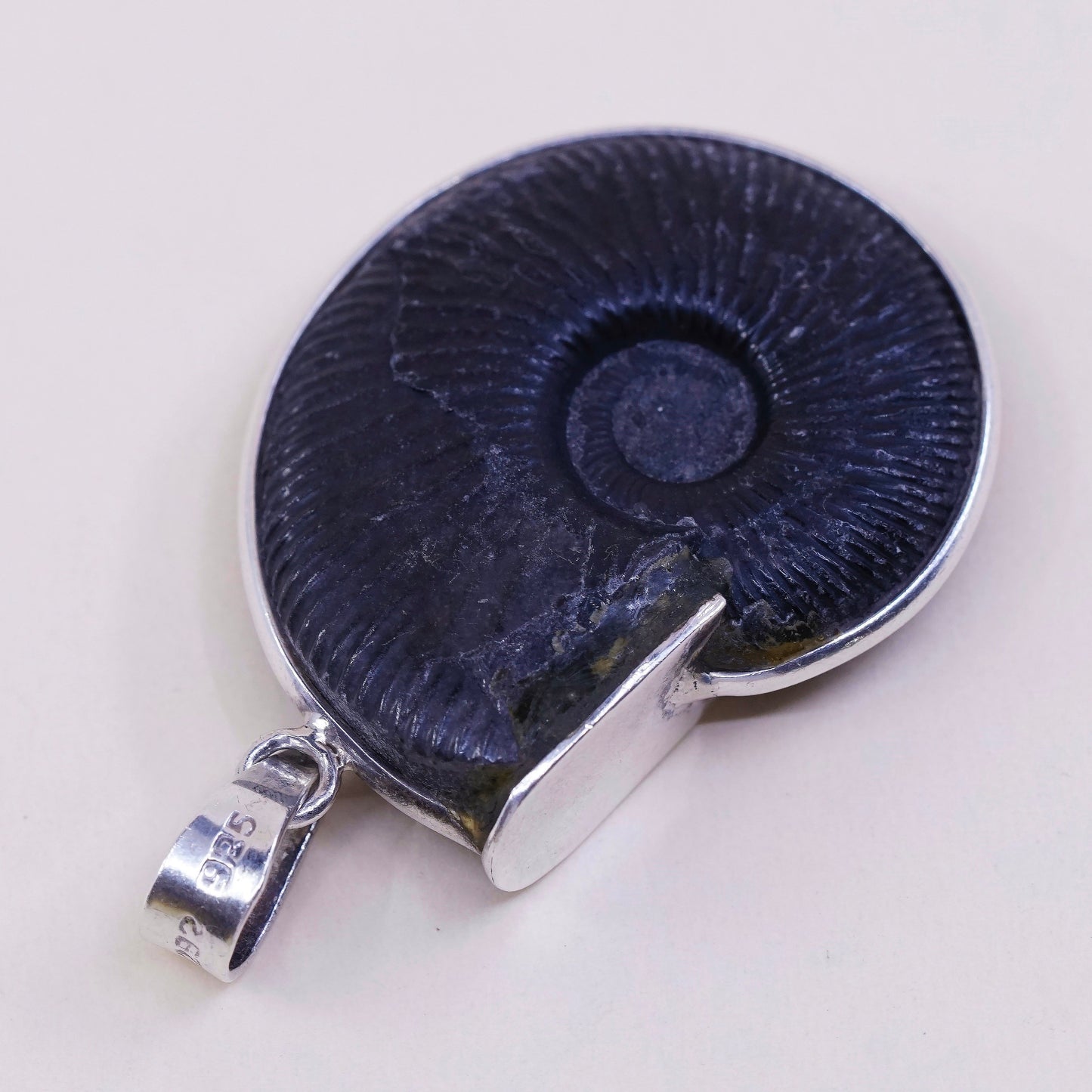 VTG Mexico Sterling silver handmade pendant, 925 frame w/ brass fossil shell