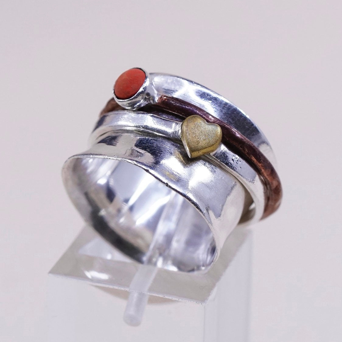 sz 6, vtg two Tone Sterling 925 silver Handmade spinner ring, band w/ coral