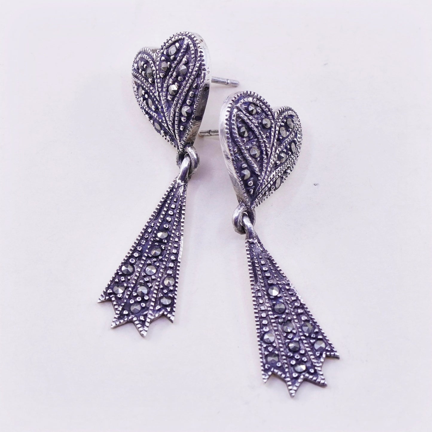 Vintage Sterling 925 silver handmade heart earrings with Marcasite