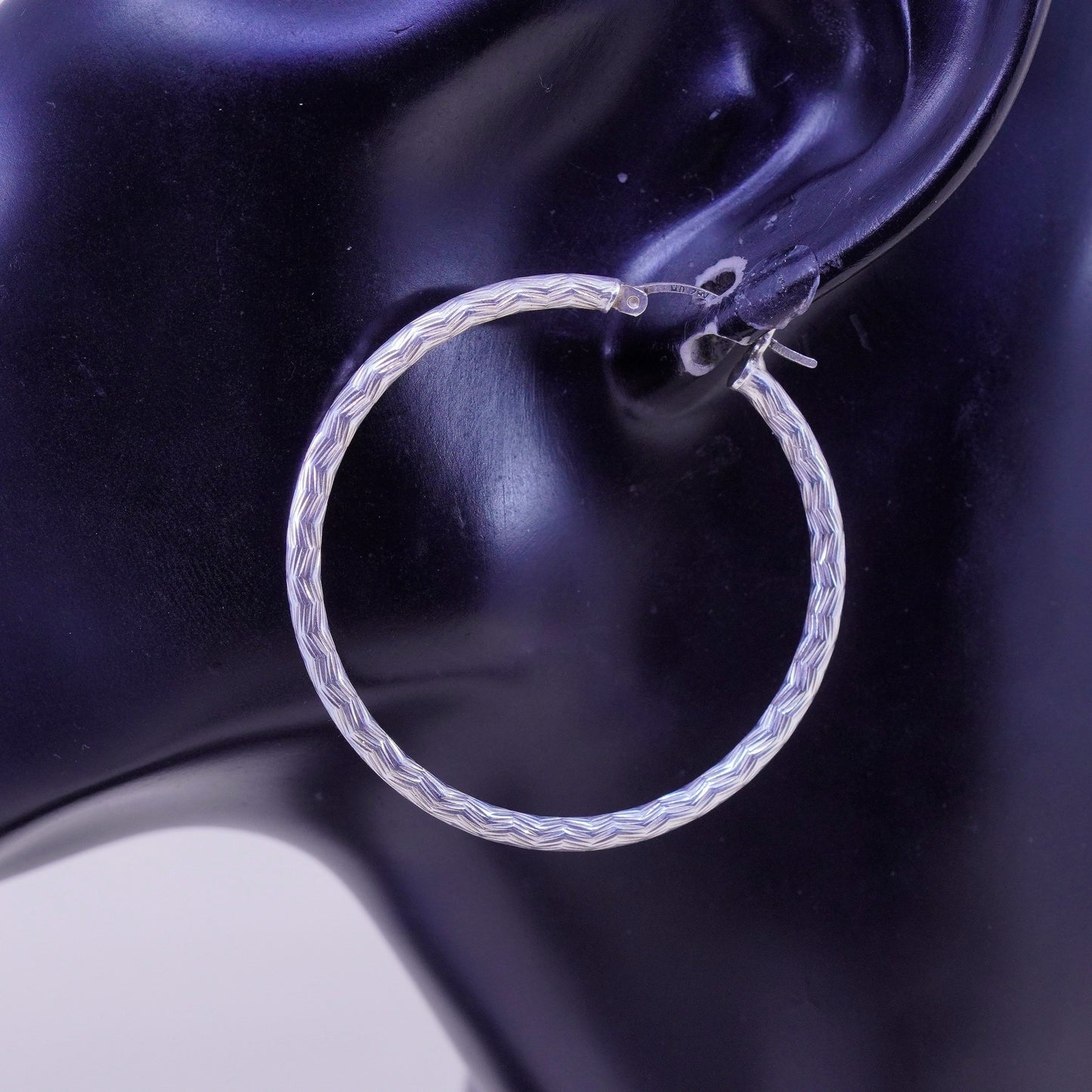 1.75”, vtg sterling silver loop earrings, textured minimalist primitive hoops