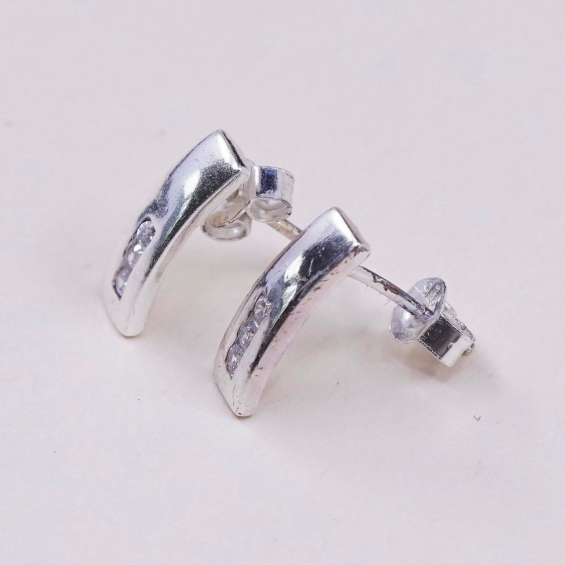 Vintage sterling silver genuine cz studs, fashion minimalist earrings
