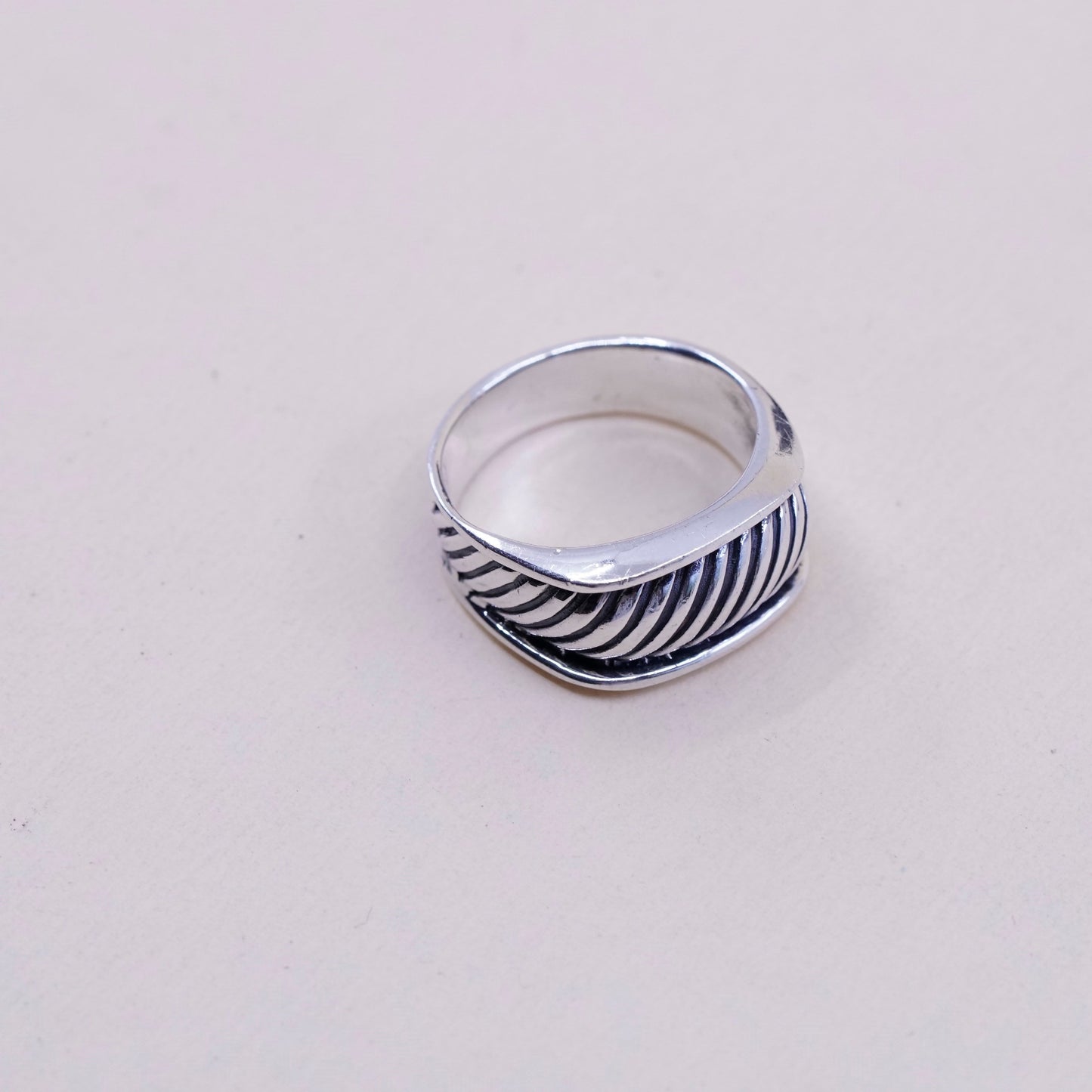Size 9.25, vtg sterling silver handmade statement ring, 925 cable ribbed band