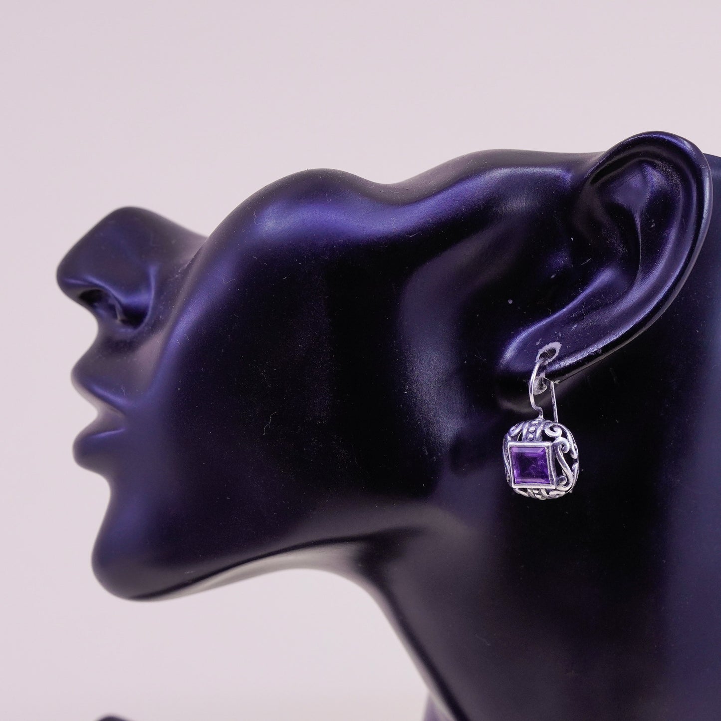 Vintage sterling silver handmade earrings, 925 filigree drops with amethyst