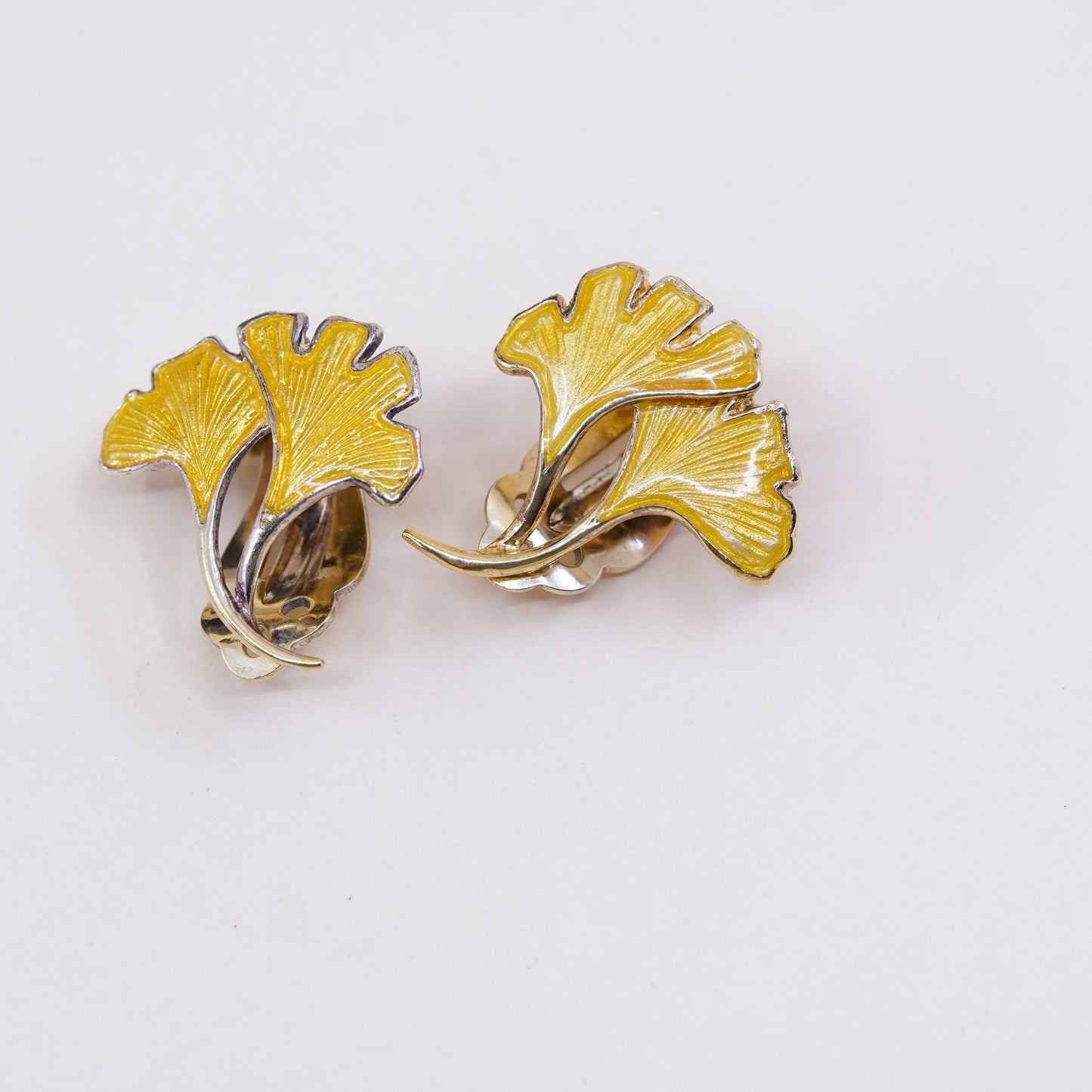 MMA Cleo Museum sterling silver earrings, 925 clip on enamel ginkgo leaves